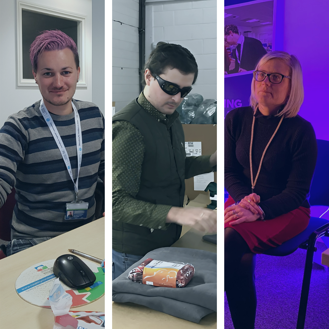 Collage of three individuals in different work environments: the first person, wearing a striped sweater and lanyard, sits at a desk with office supplies; the second person stands in a warehouse setting, handling folded fabric while wearing a vest; the third person is seated in a purple-lit office, dressed in dark clothing with a lanyard."